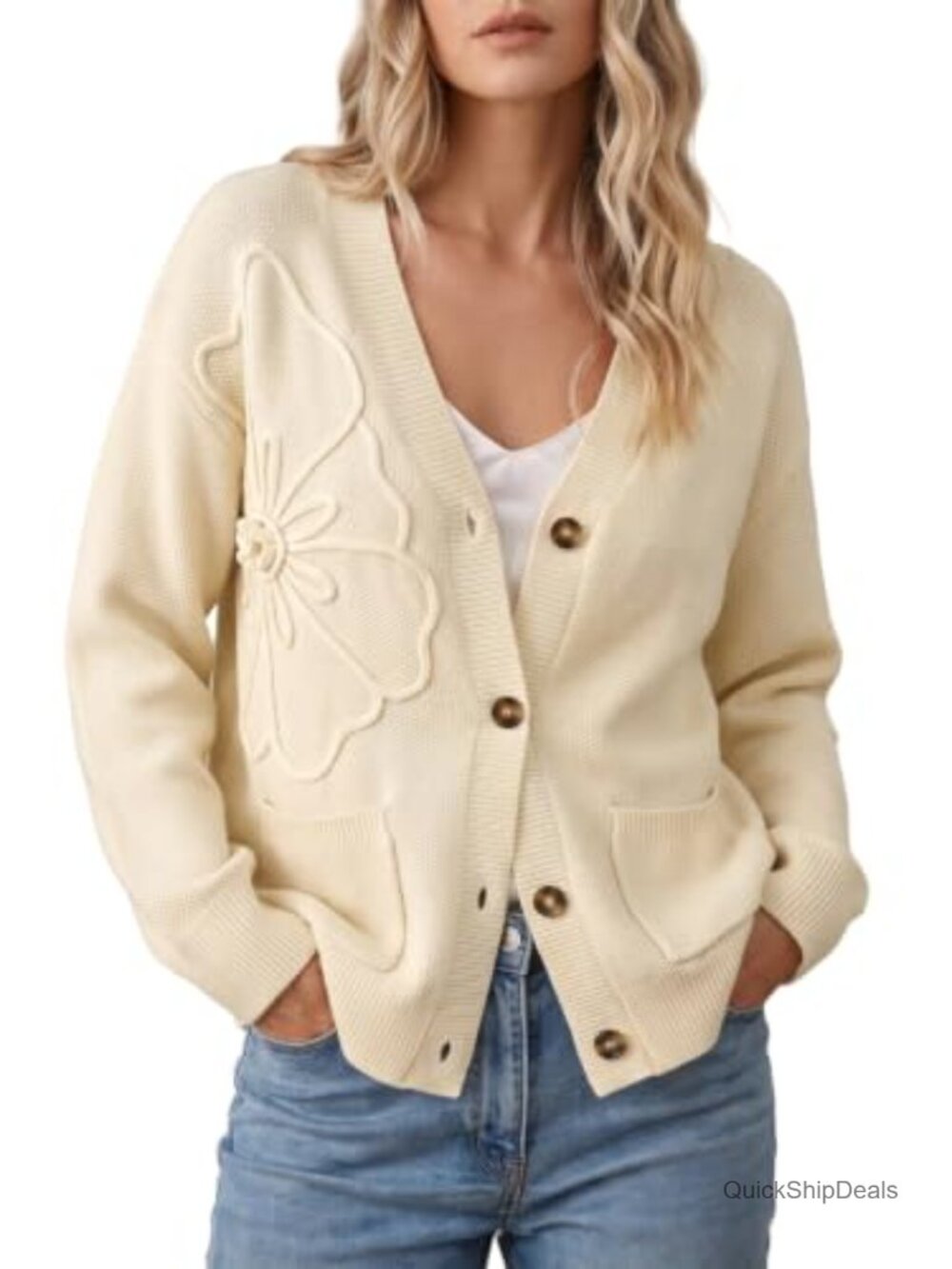 Women's 3D Floral Long Sleeve V Neck Open Front Cardigan Sweater